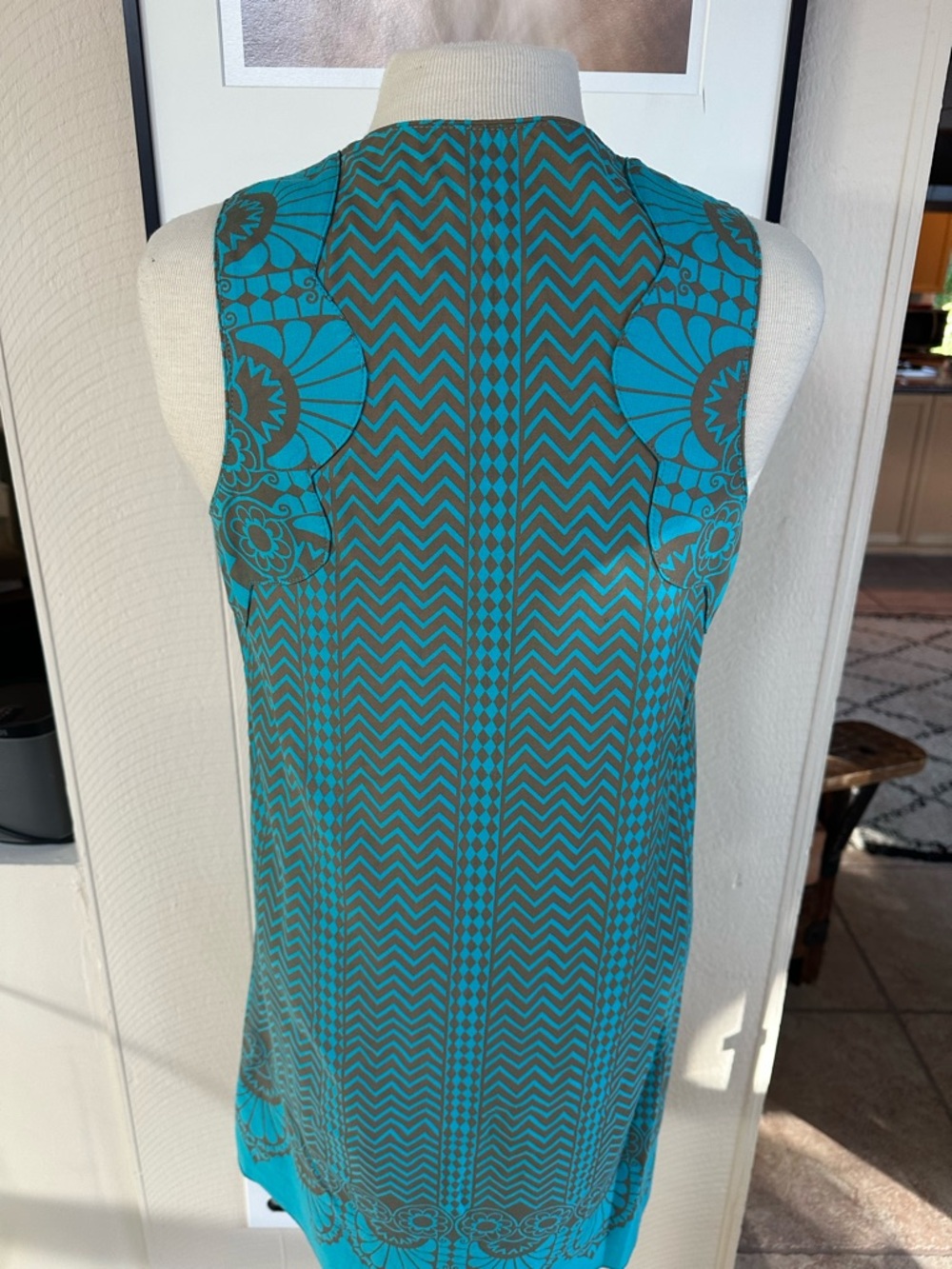 Anna Sui for Anthropologie Turq and Brown Floral Chevron Sleeveless Dress Top - Picture 5 of 7